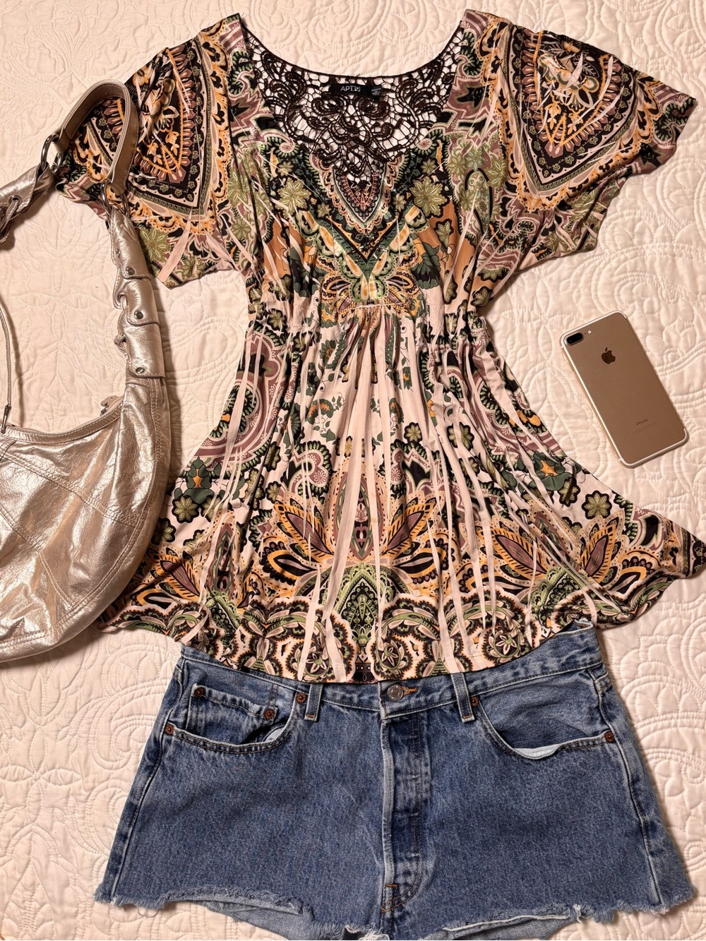 Apt. 9 Pink Multi Paisley Lace-Yoke Flutter Sleeve Tunic